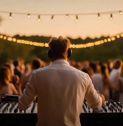 Ein Hochzeits-DJ mit Kopfhörern spielt Musik auf einer Party im Freien bei Sonnenuntergang in der Nähe von Berlin, mit Lichterketten und einer lebhaften Menschenmenge im Hintergrund.