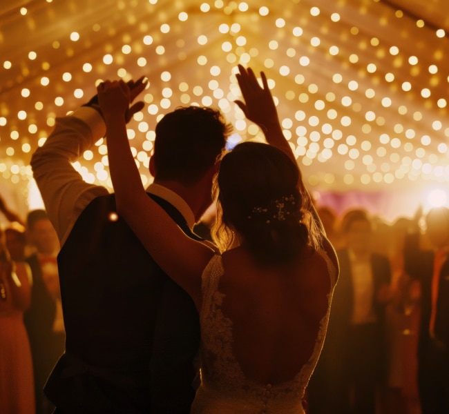 Braut und Bräutigam tanzen unter Lichterketten, umgeben von Gästen auf einer warm beleuchteten Hochzeitsfeier in Berlin. Der Hochzeits-DJ sorgt für die perfekte Stimmung.