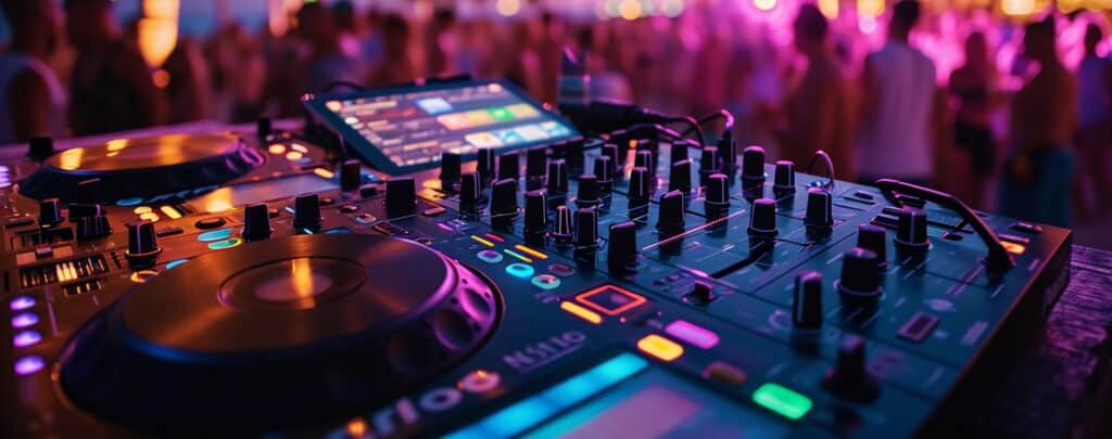 Nahaufnahme eines Hochzeits-DJ-Mischpults auf einer lebhaften, bunten Party in Brandenburg, mit einer unscharfen Menschenmenge im Hintergrund.