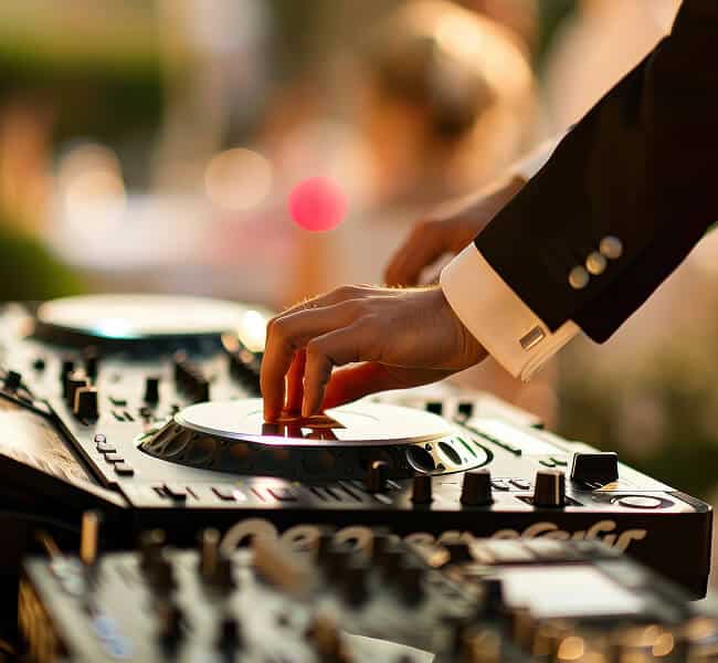 Eine Person im Anzug stellt draußen ein DJ-Mischpult ein, im Hintergrund sind verschwommene Menschen und Lichter zu sehen.