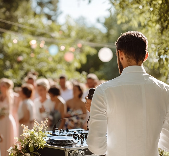 Ein DJ in einem weißen Hemd hält bei einer Veranstaltung im Freien, bei der eine verschwommene Menschenmenge und Lichterketten zu sehen sind, ein Mikrofon in der Hand.