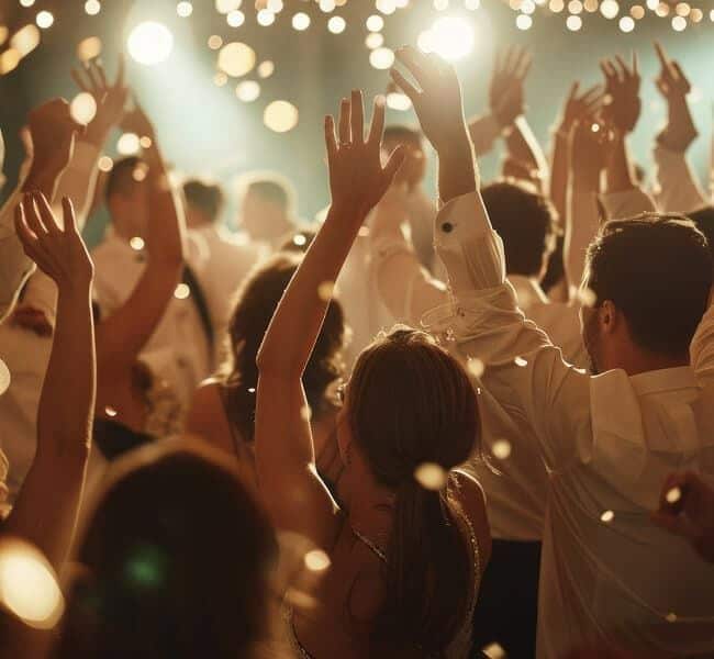 Menschen, die auf einer Party mit erhobenen Händen tanzen, umgeben von warmer Beleuchtung und festlicher Dekoration.