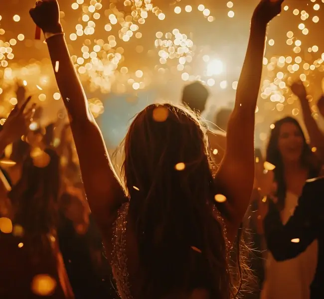 Eine Frau mit erhobenen Armen inmitten einer Menschenmenge auf einer Party mit goldenem Licht und Konfetti in der Luft.