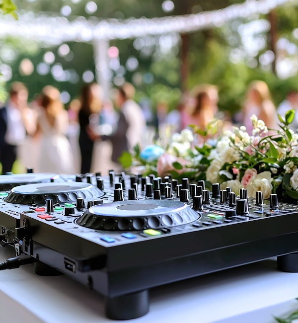 Ein DJ-Pult auf einem Tisch mit Blumen, im Hintergrund verschwommene Personen in festlicher Kleidung bei einer Veranstaltung im Freien.