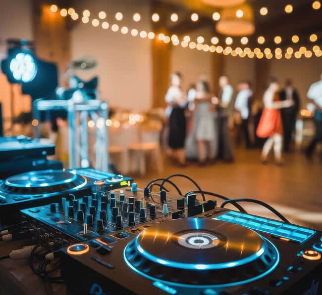 Im Fokus steht eine DJ-Mix-Anlage, im Hintergrund tanzen Menschen vor einem verschwommenen, festlichen Hintergrund mit Lichterketten.