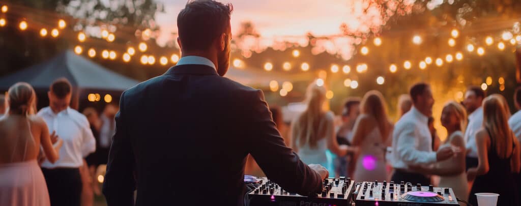 Ein DJ im Anzug legt auf einer Party im Freien Musik auf, während die Gäste bei Sonnenuntergang unter Lichterketten tanzen.