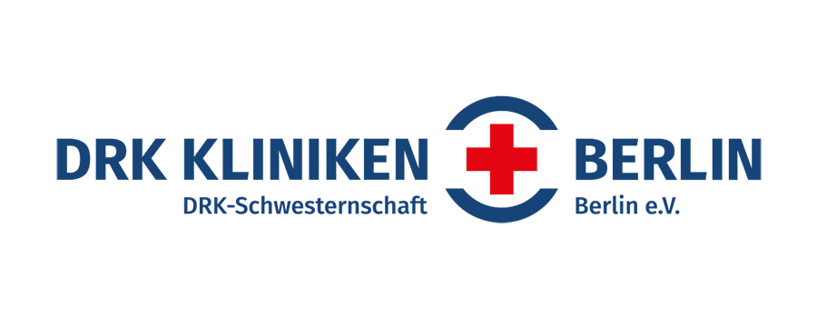 Logo der DRK Kliniken Berlin mit rotem Kreuz und blauem Schriftzug.